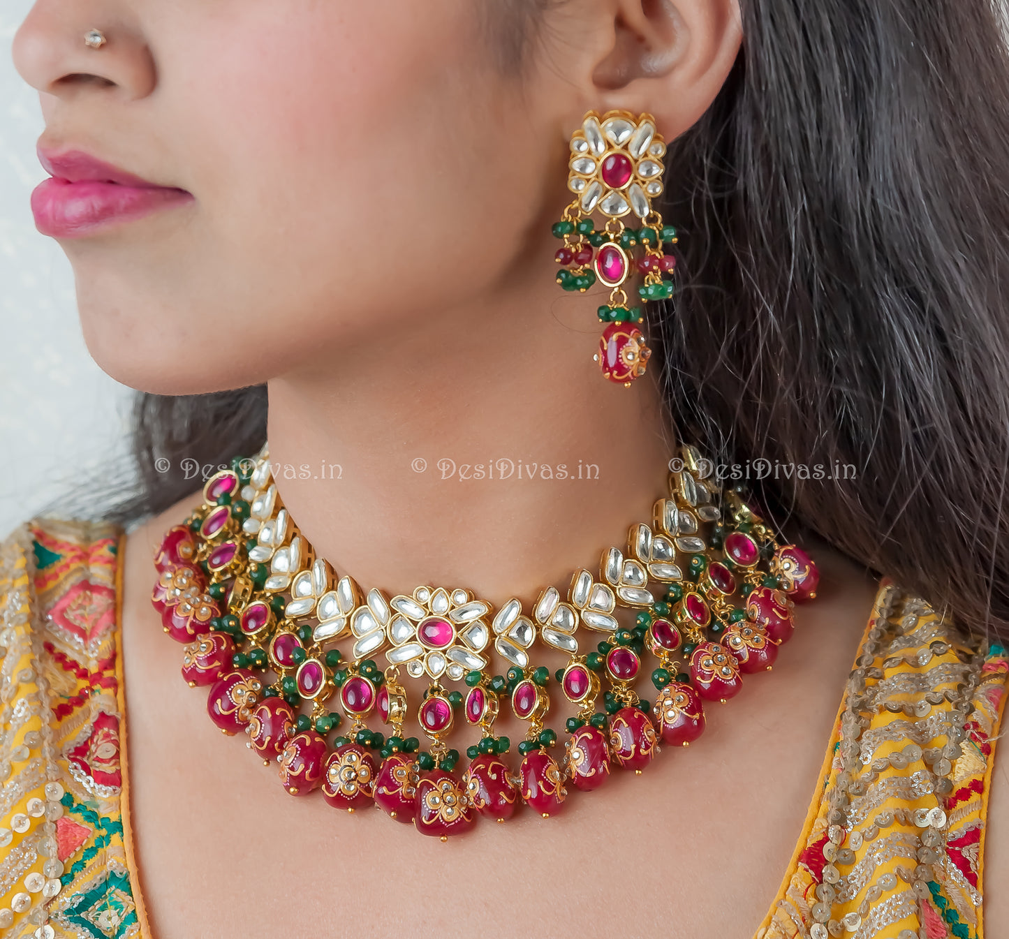 Tyaani Kundan Inspired Bridal Kundan Chokar Necklace Set with Hand Painted Stones