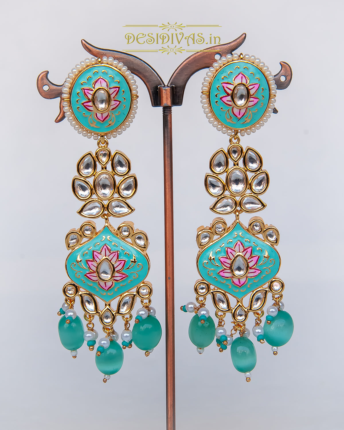 ''FEROSHAA'' Kundan Polki Mint Meena Gold Plated Dangler Earrings