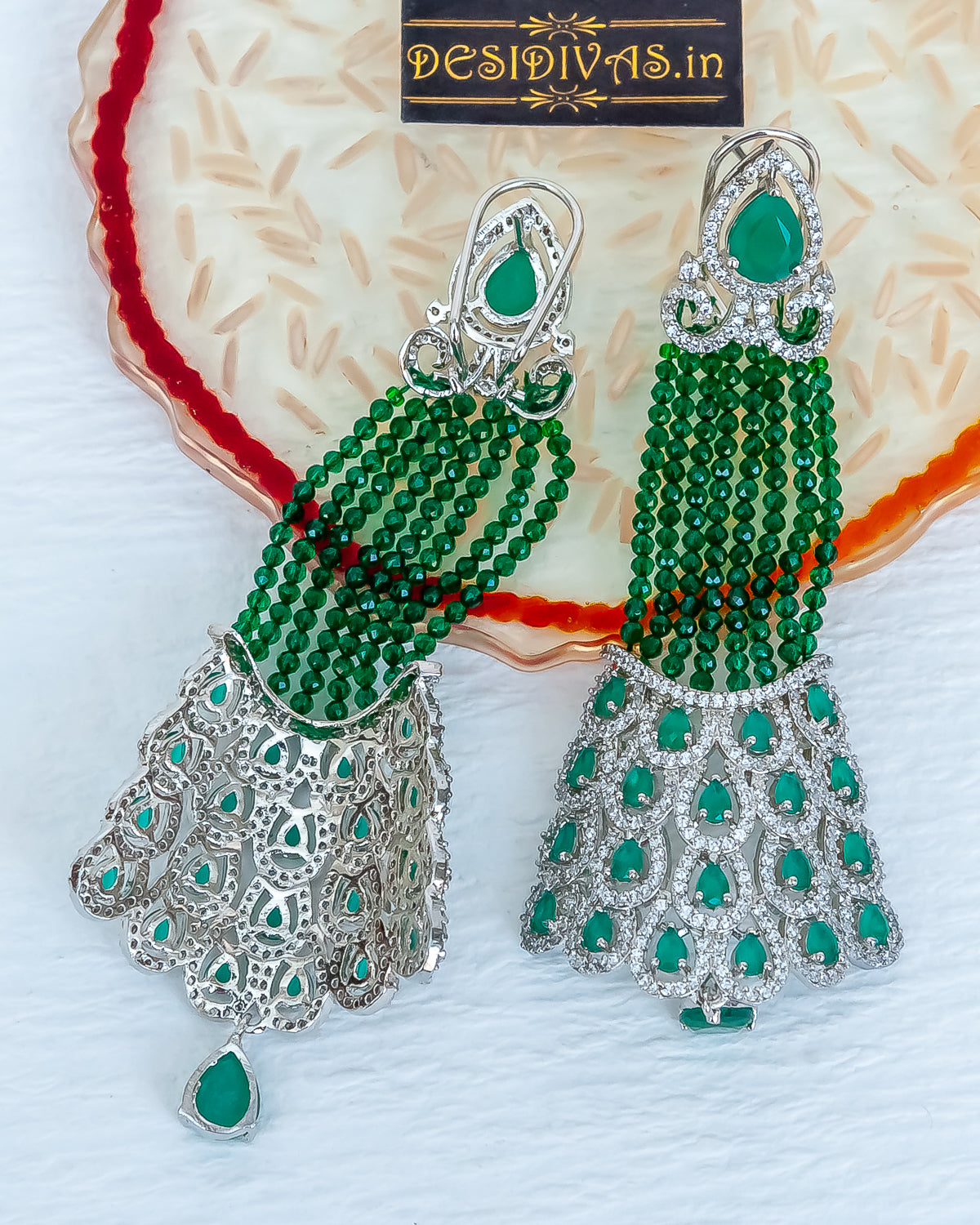 Peacock Feather American Diamond Dangler Earrings