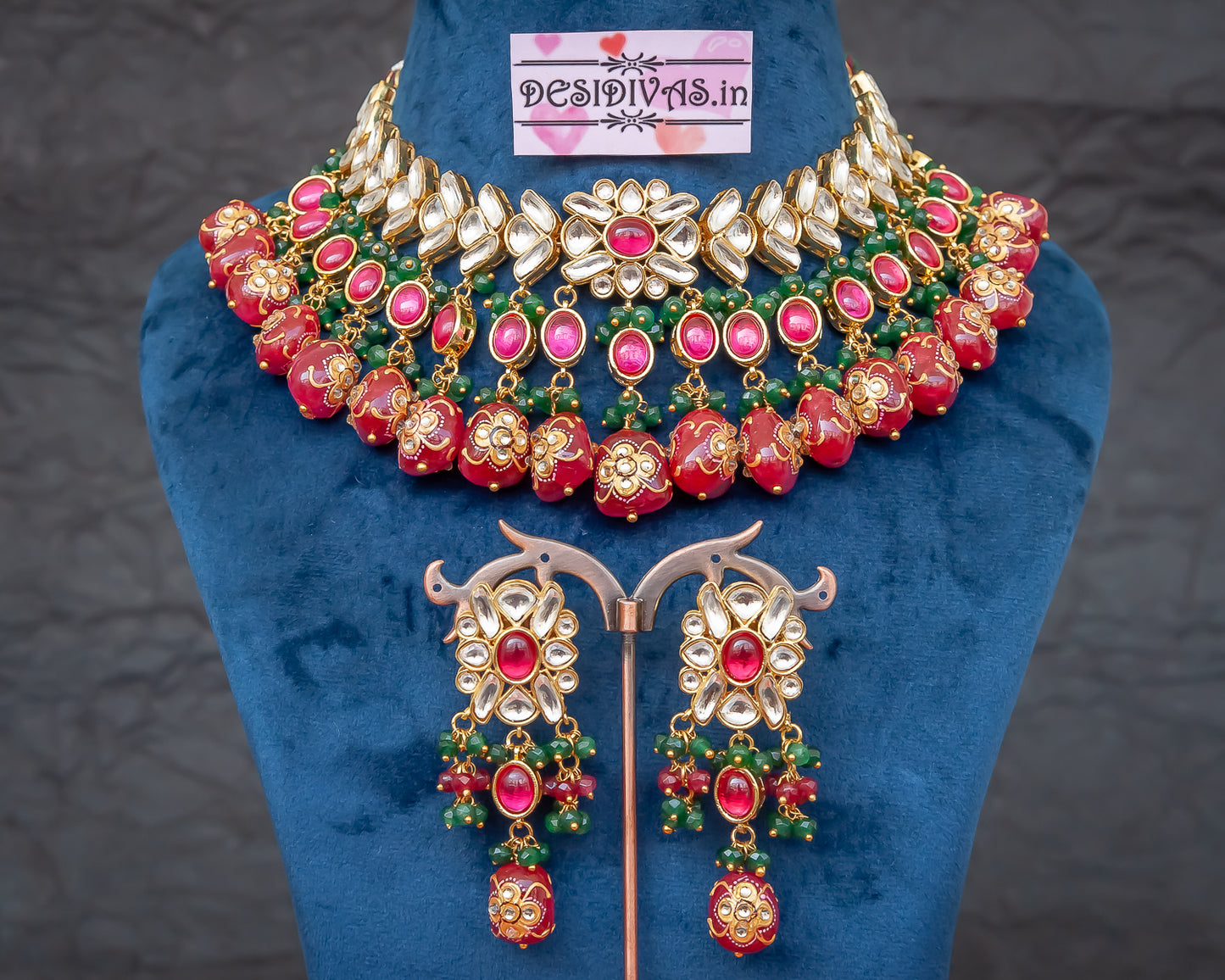 Tyaani Kundan Inspired Bridal Kundan Chokar Necklace Set with Hand Painted Stones