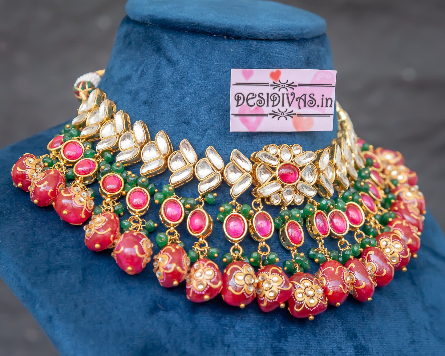Tyaani Kundan Inspired Bridal Kundan Chokar Necklace Set with Hand Painted Stones