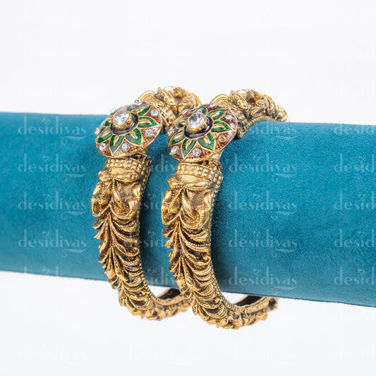 Golden Openable Bangles with Meena Work