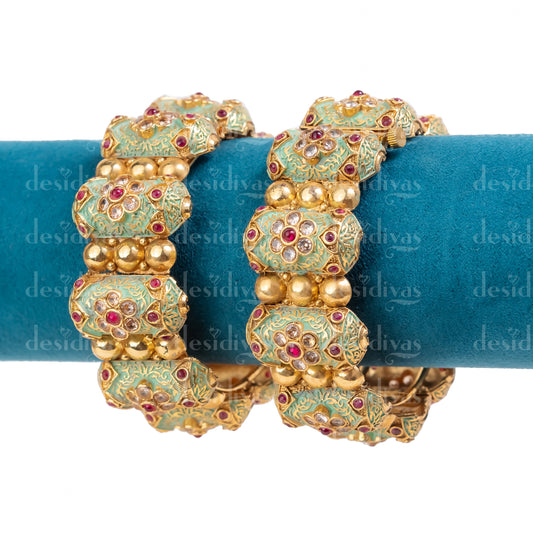 Mint Green Meena Golden Openable Bangles