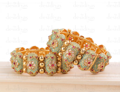 Mint Green Meena Golden Openable Bangles