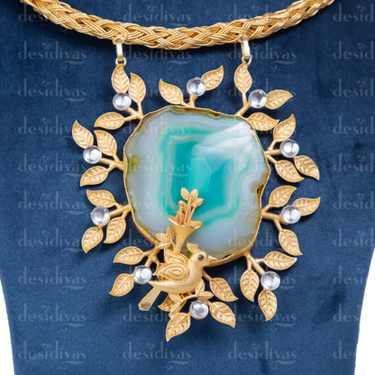 Classic Divine ocean Blue druzy gold plated Hasli style necklace