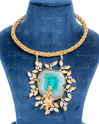 Classic Divine ocean Blue druzy gold plated Hasli style necklace