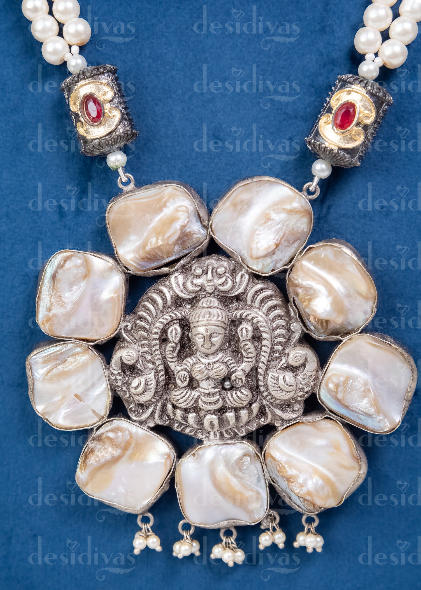 Mystical Indian Gods Silver Pendent Pearl Long Necklace