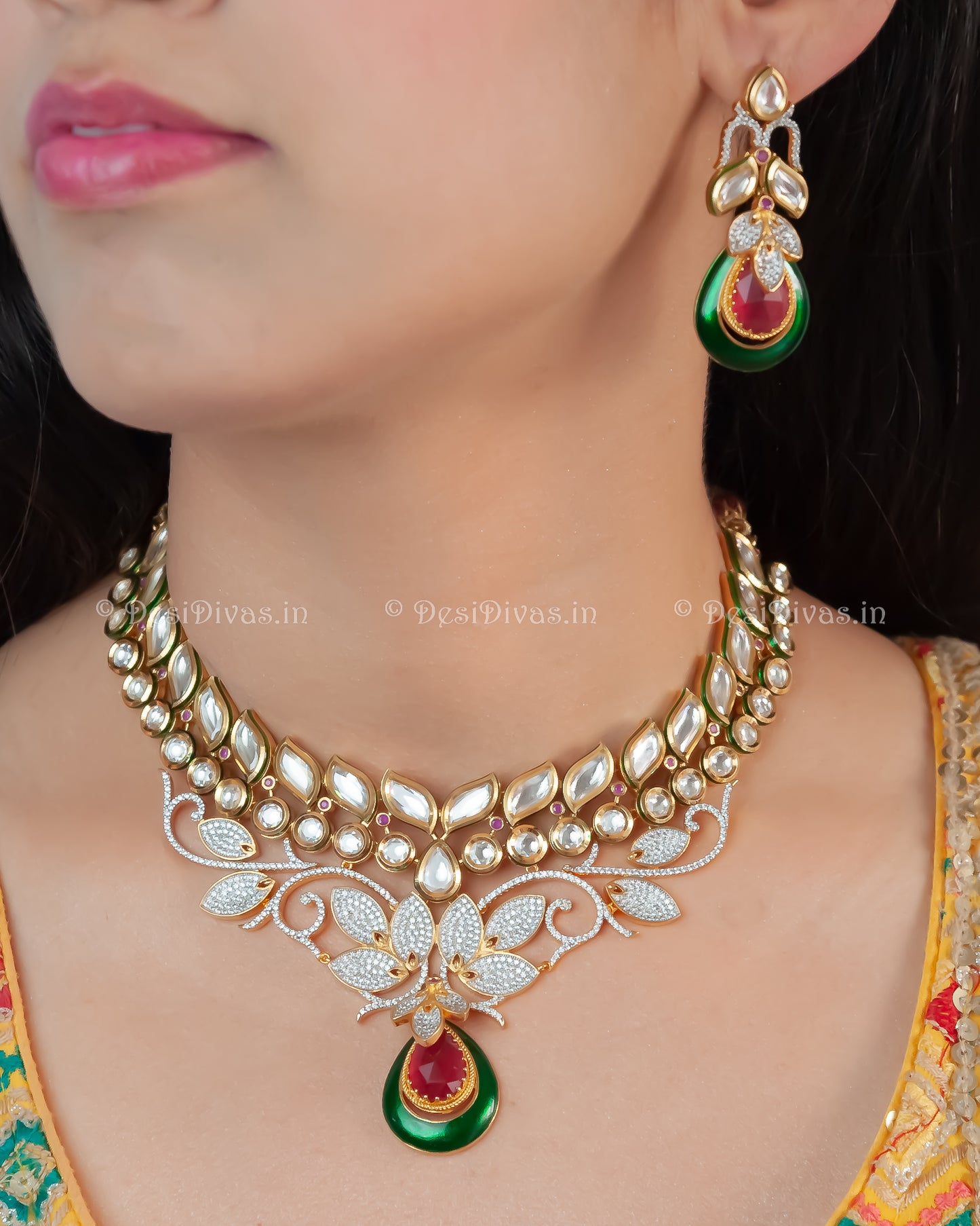 Dazzling Elegant Fusion Kundan CZ Meena Bridal Necklace Set