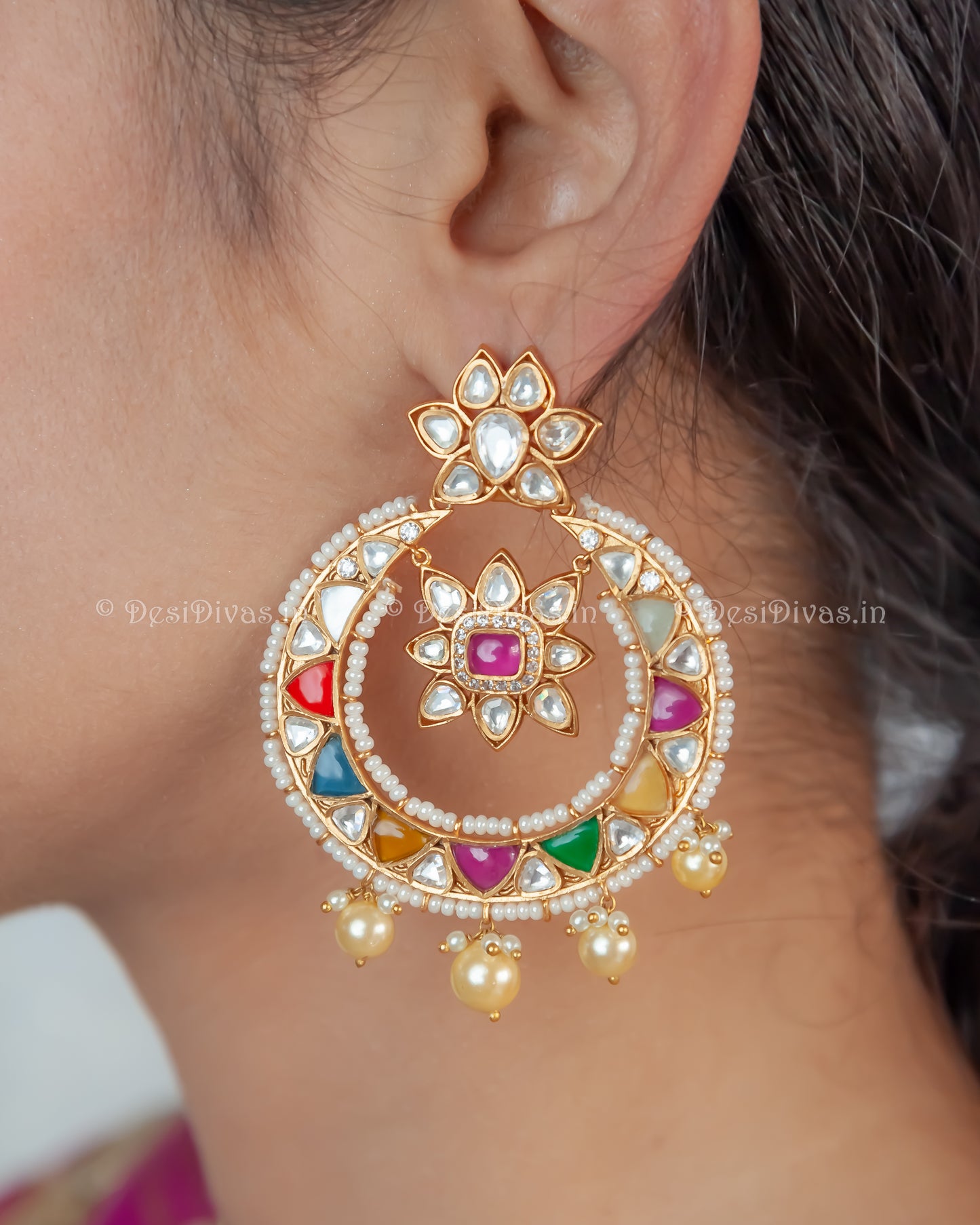 ''CHAND-POLKI'' Dazzling Gold Plated  Moissanite Nau Ratan Chandbali Earrings