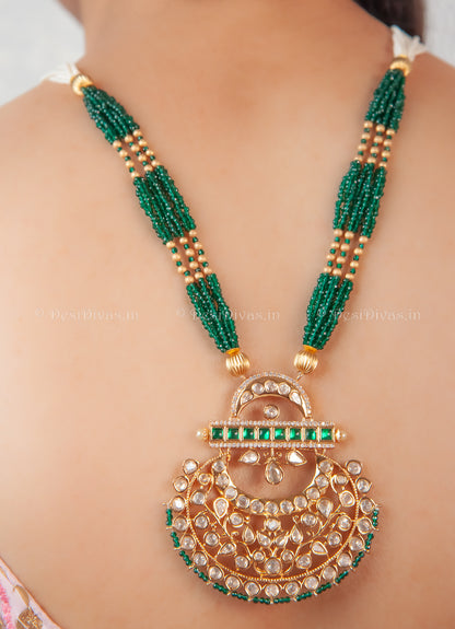 ''CHAKORI'' Kundan Polki Green Onyx Long Necklace Set