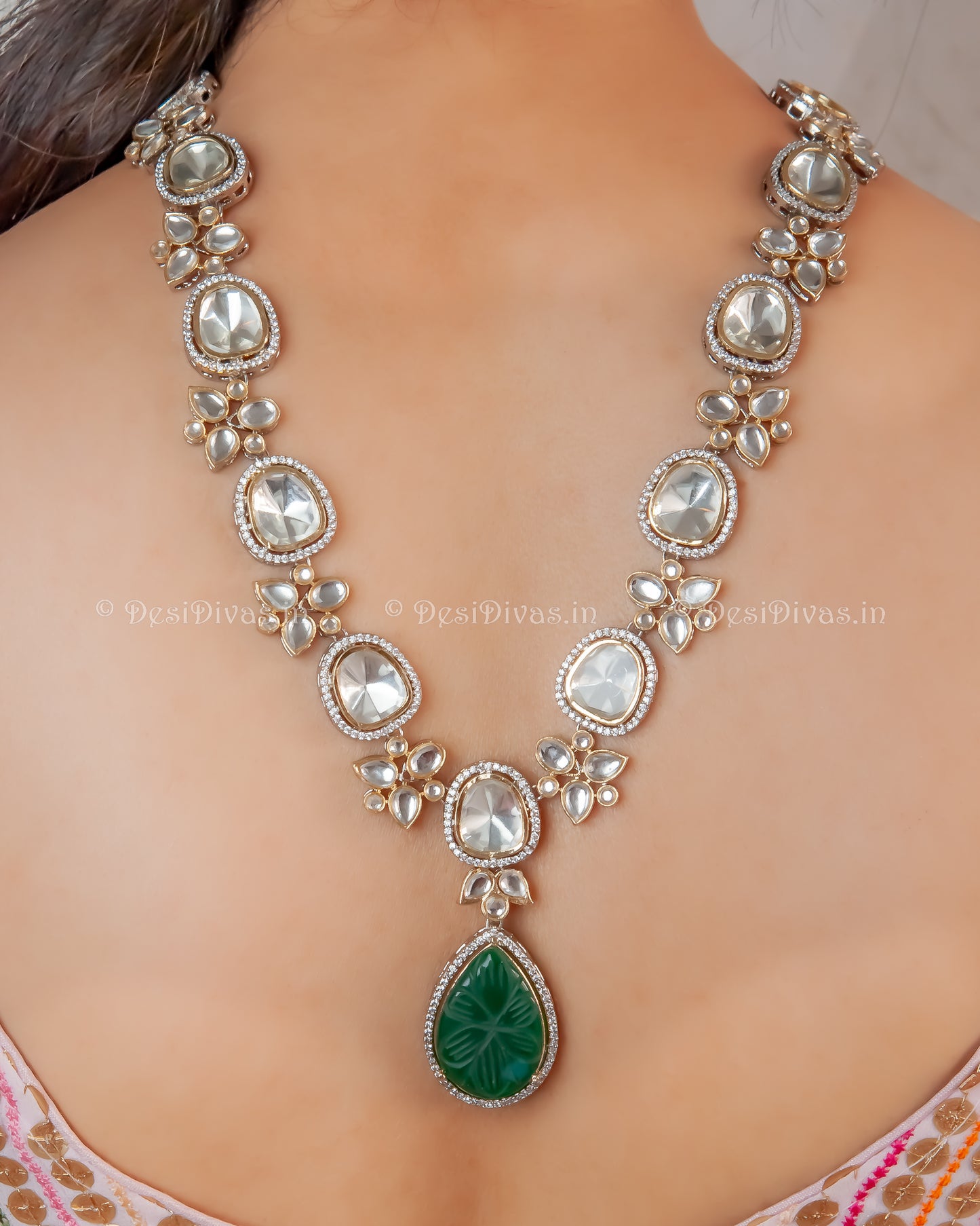 premium kwality Kundan Polki Long Necklace Set with Emerald