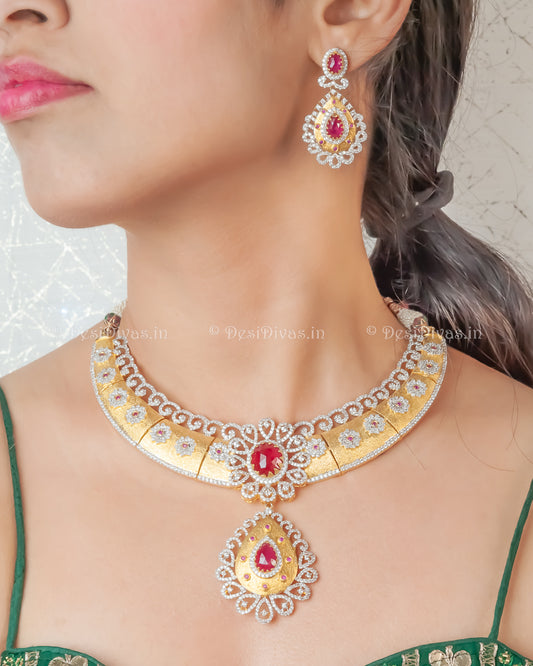 Dazzling Elegant Fusion Ruby Gold Plated CZ Bridal Necklace Set