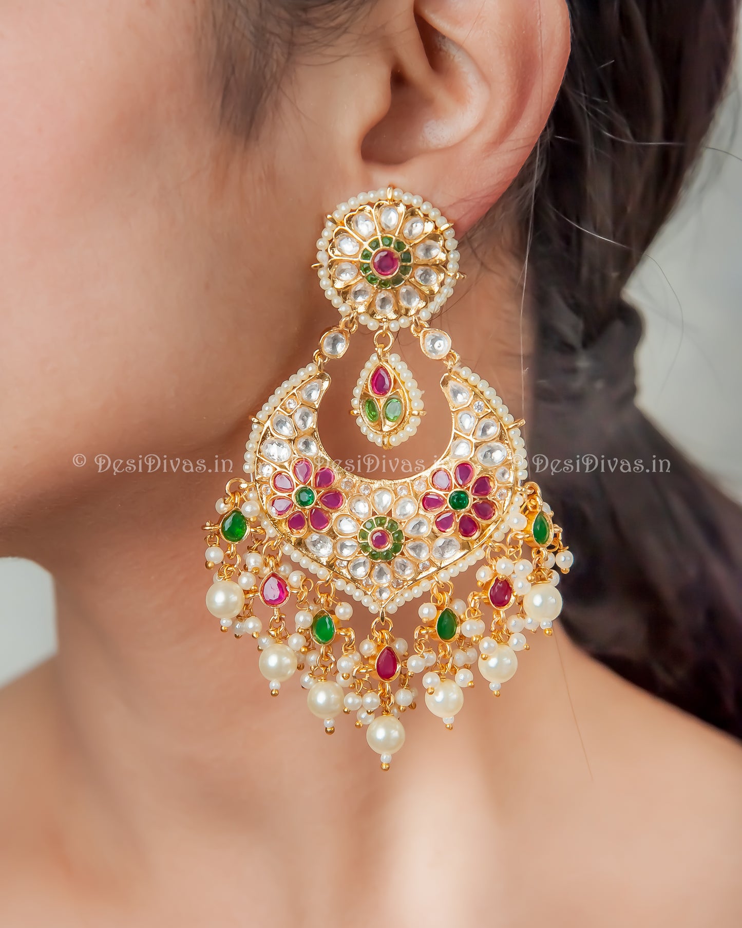 ''CHAND-POLKI'' Dazzling Gold Plated  Moissanite Chandbali Earrings