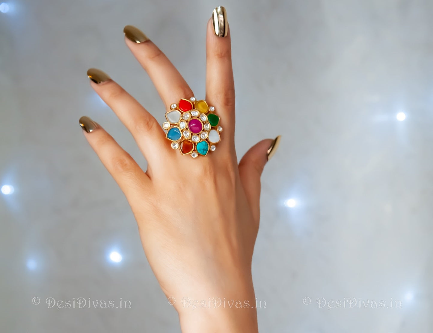 Designer Cocktail Navratan Polki Ring