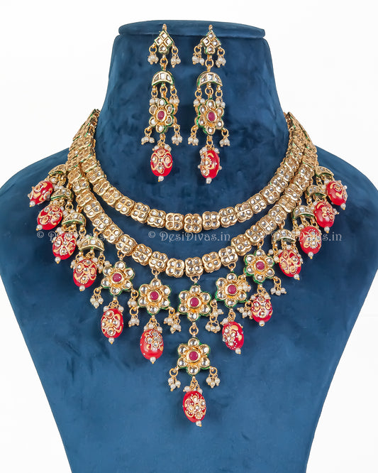 Kundan Polki Long Two Line Necklace Set