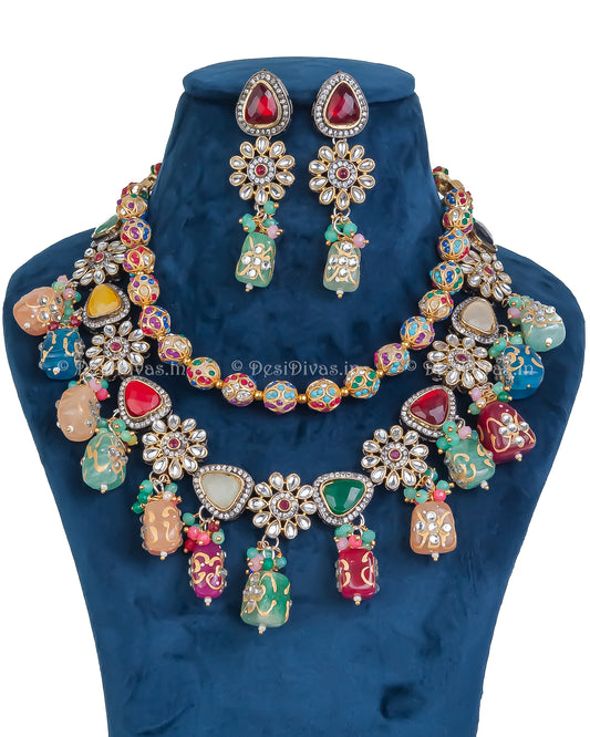 Trendy Premium quality Navratan 2-Line Necklace Set