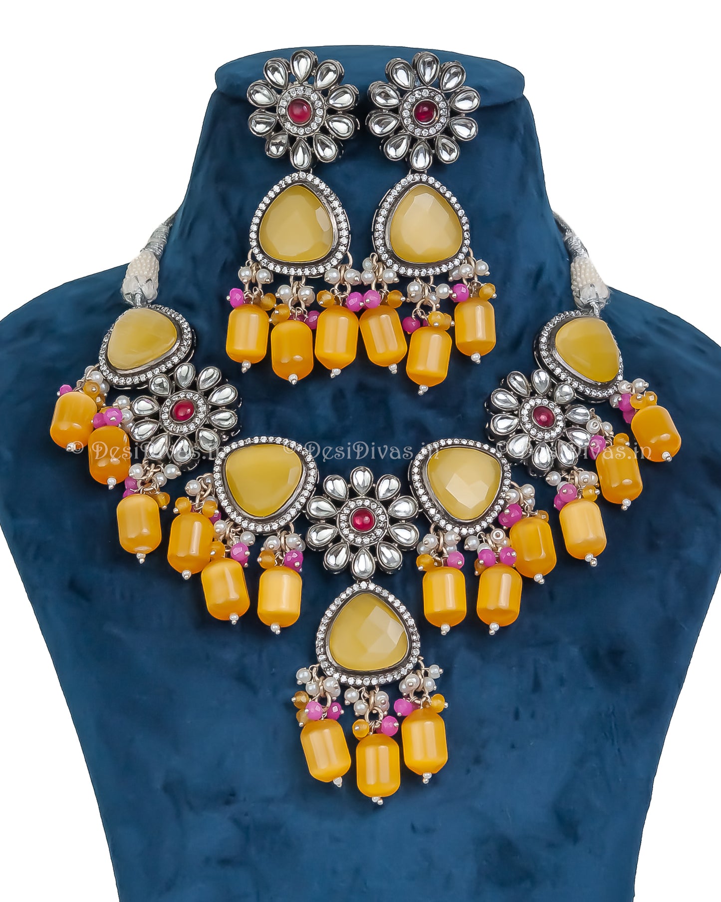 Premium Quality Kundan Necklace Set with Yellow Monalisa Stones