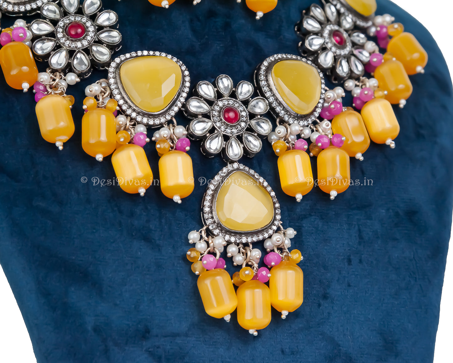 Premium Quality Kundan Necklace Set with Yellow Monalisa Stones