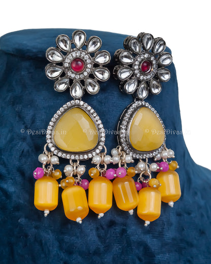 Premium Quality Kundan Necklace Set with Yellow Monalisa Stones