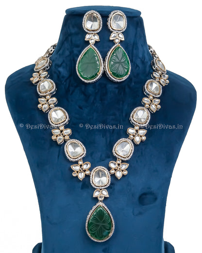 premium kwality Kundan Polki Long Necklace Set with Emerald