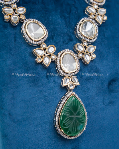 premium kwality Kundan Polki Long Necklace Set with Emerald