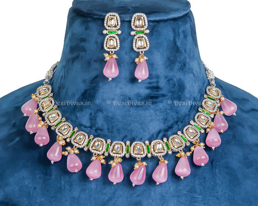 Pink Monalisa Stones with Polki Kundan Stones and American Daimonds