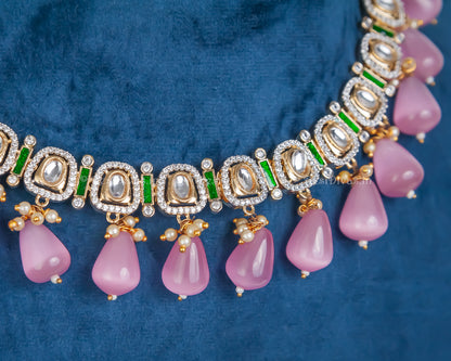 Pink Monalisa Stones with Polki Kundan Stones and American Daimonds