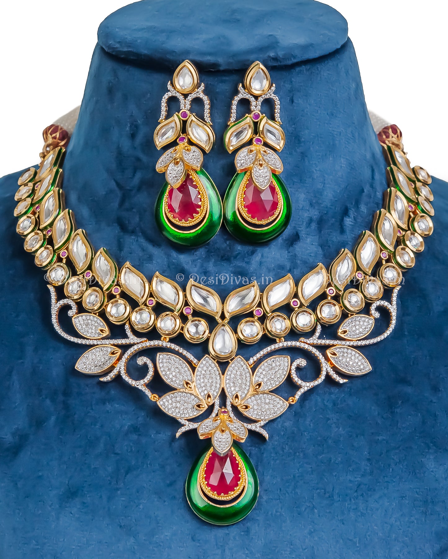 Dazzling Elegant Fusion Kundan CZ Meena Bridal Necklace Set