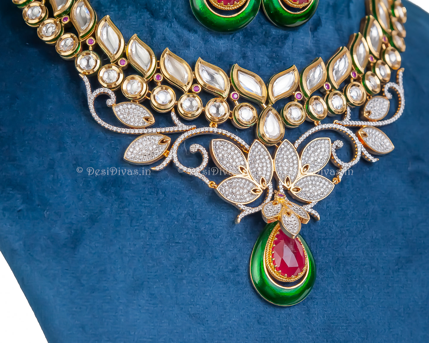 Dazzling Elegant Fusion Kundan CZ Meena Bridal Necklace Set