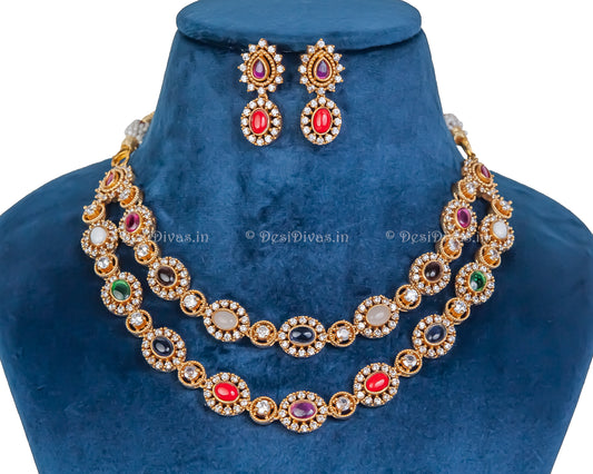 ''CHAKORI'' Nau Ratan Kundan Fusion 2 line Necklace Set