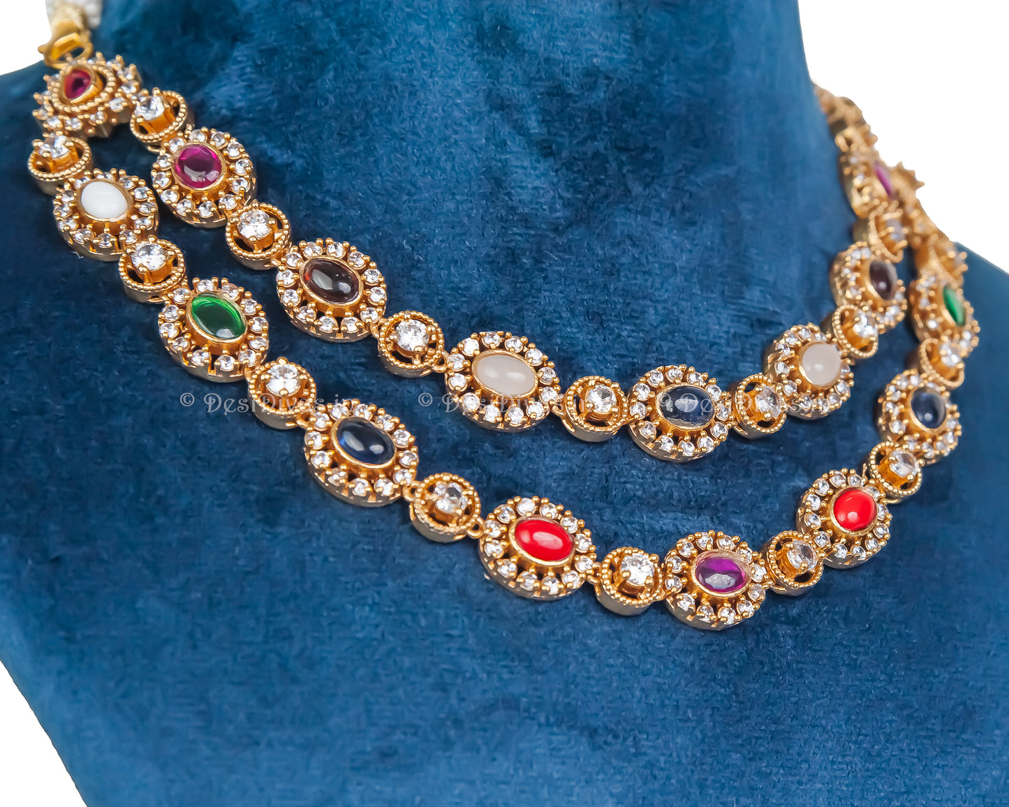 ''CHAKORI'' Nau Ratan Kundan Fusion 2 line Necklace Set