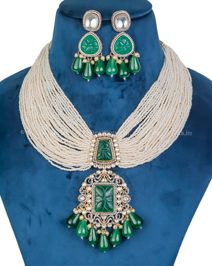 Royal Polki Kundan Fusion Necklace Set with Emeralds