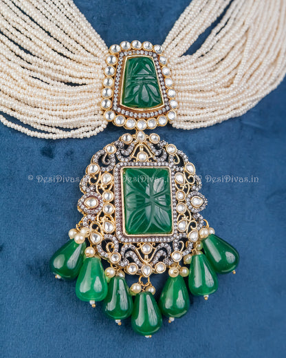 Royal Polki Kundan Fusion Necklace Set with Emeralds