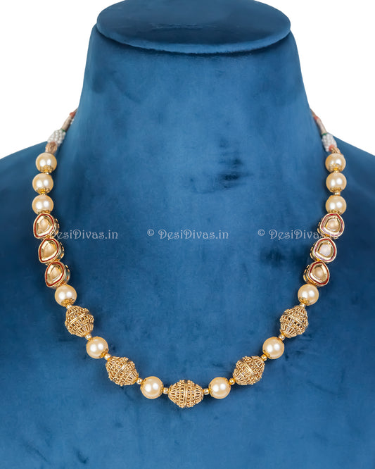 Statement High-Quality Cultured Kundan 14Pearl Gold Beads String Necklace