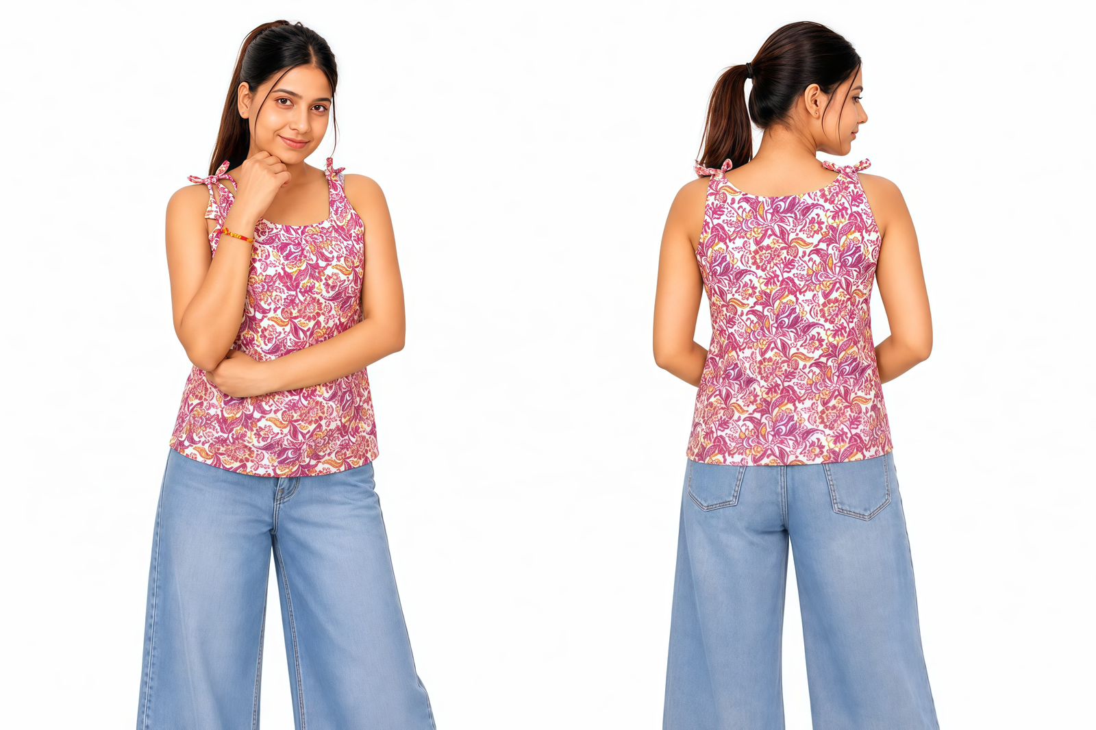 Stylish Pink Floral Tie-Up Strap Top For Women🌻