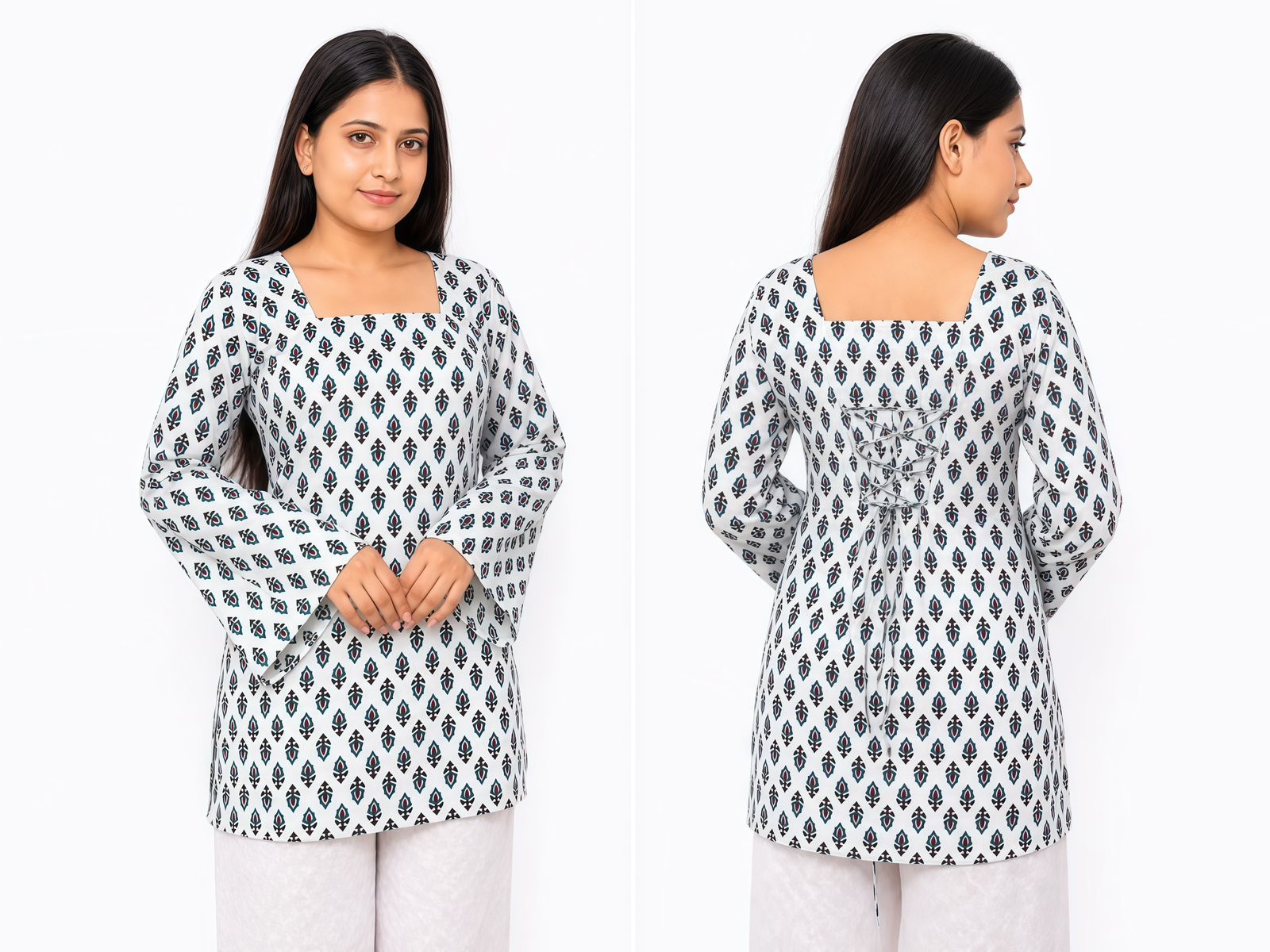 Elegant White Printed Square Neck Kurti For Women🎀
