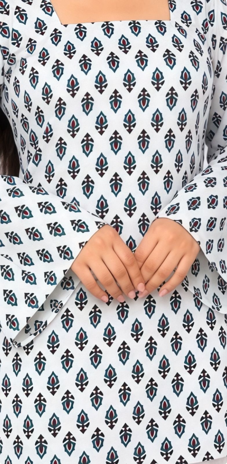 Elegant White Printed Square Neck Kurti For Women🎀