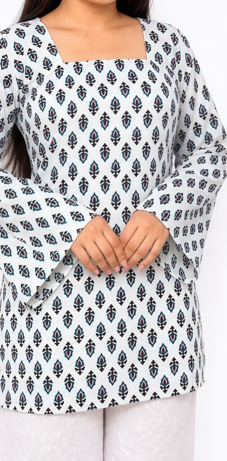 Elegant White Printed Square Neck Kurti For Women🎀