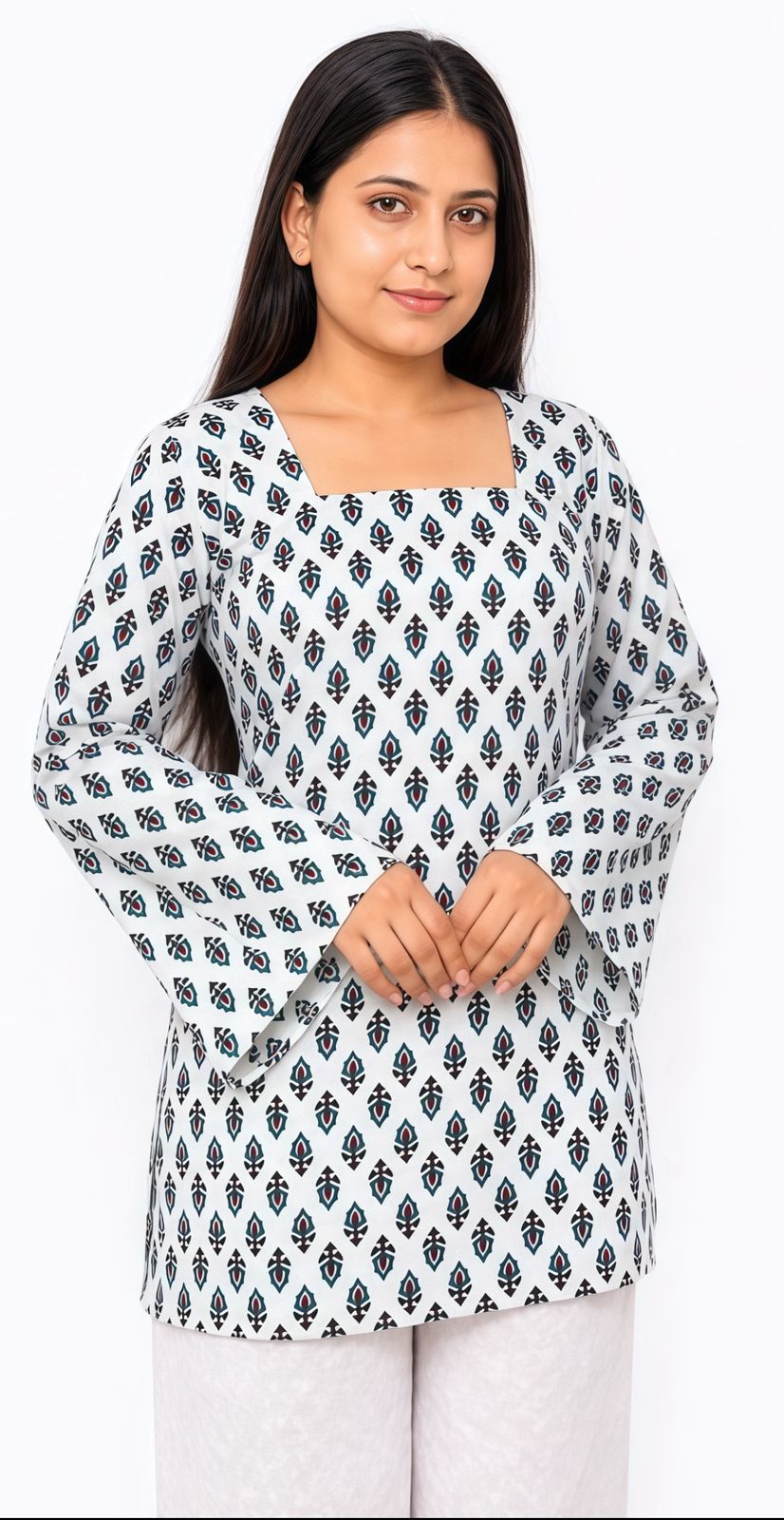 Elegant White Printed Square Neck Kurti For Women🎀
