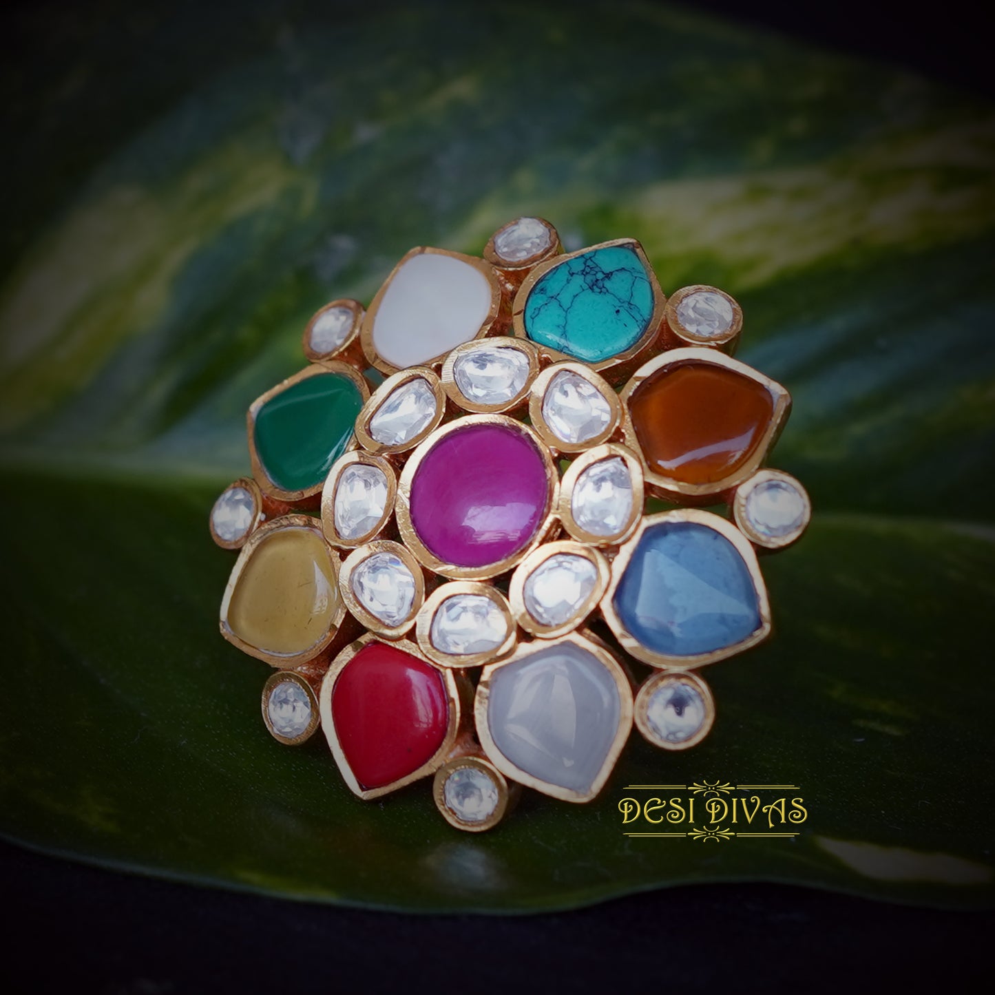 Designer Cocktail Navratan Polki Ring