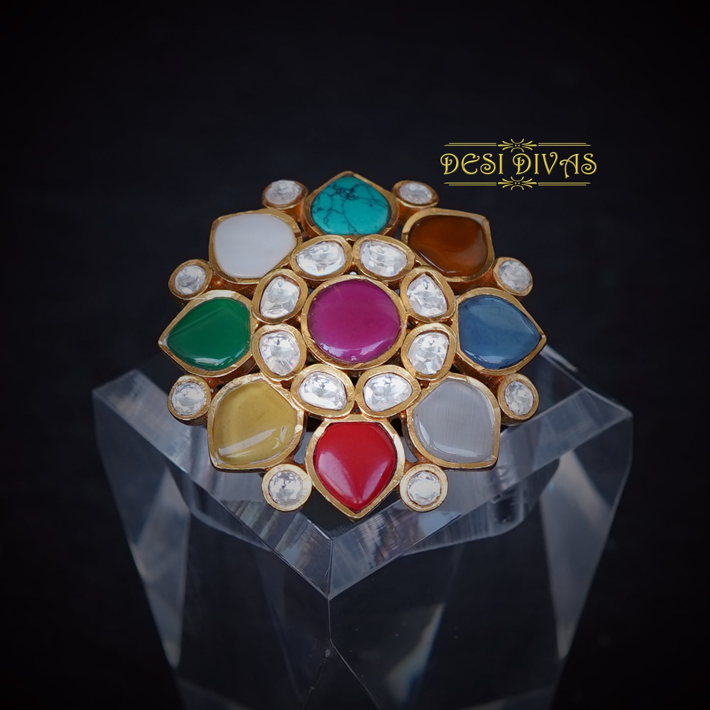 Designer Cocktail Navratan Polki Ring