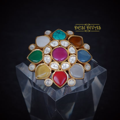 Designer Cocktail Navratan Polki Ring