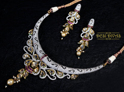 Dazzling Fusion kundan CZ Gold Plated Bridal Necklace Set