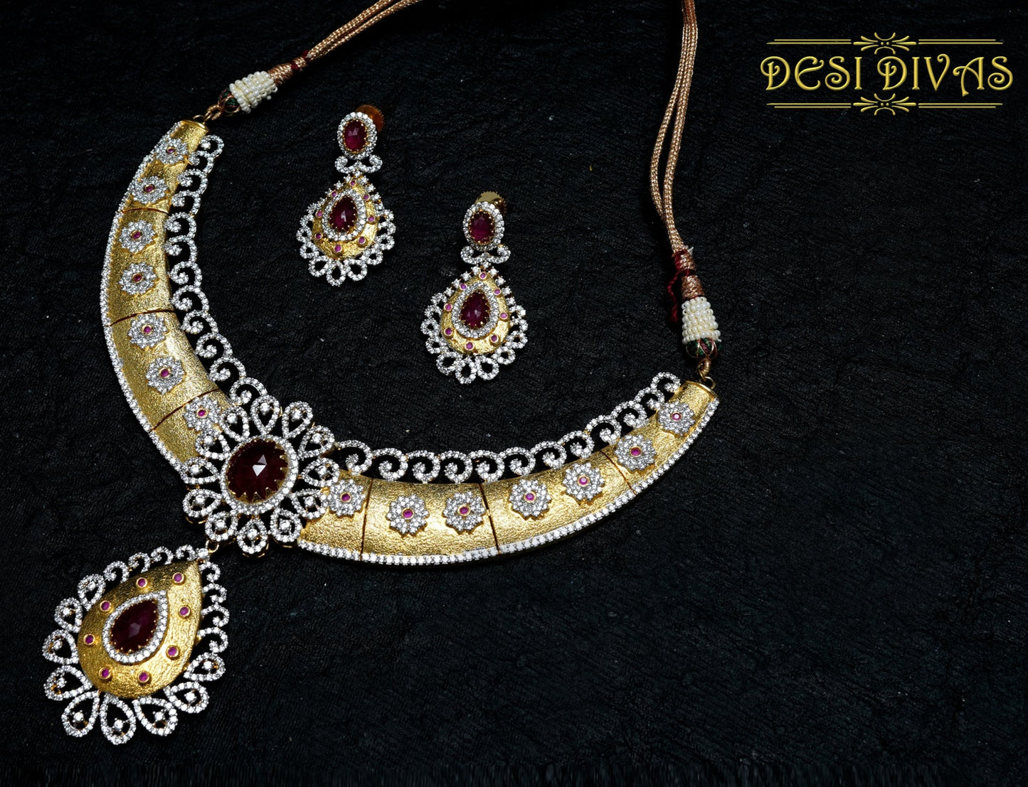 Dazzling Elegant Fusion Ruby Gold Plated CZ Bridal Necklace Set