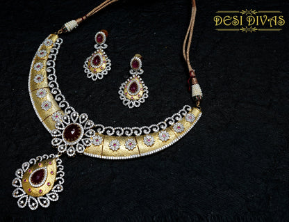 Dazzling Elegant Fusion Ruby Gold Plated CZ Bridal Necklace Set