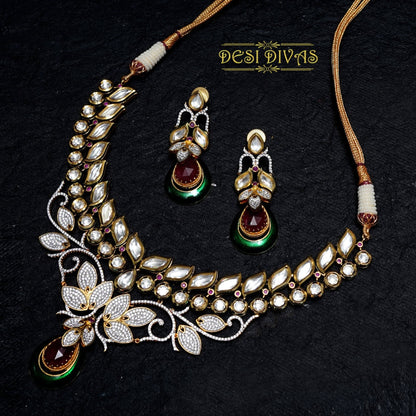 Dazzling Elegant Fusion Kundan CZ Meena Bridal Necklace Set