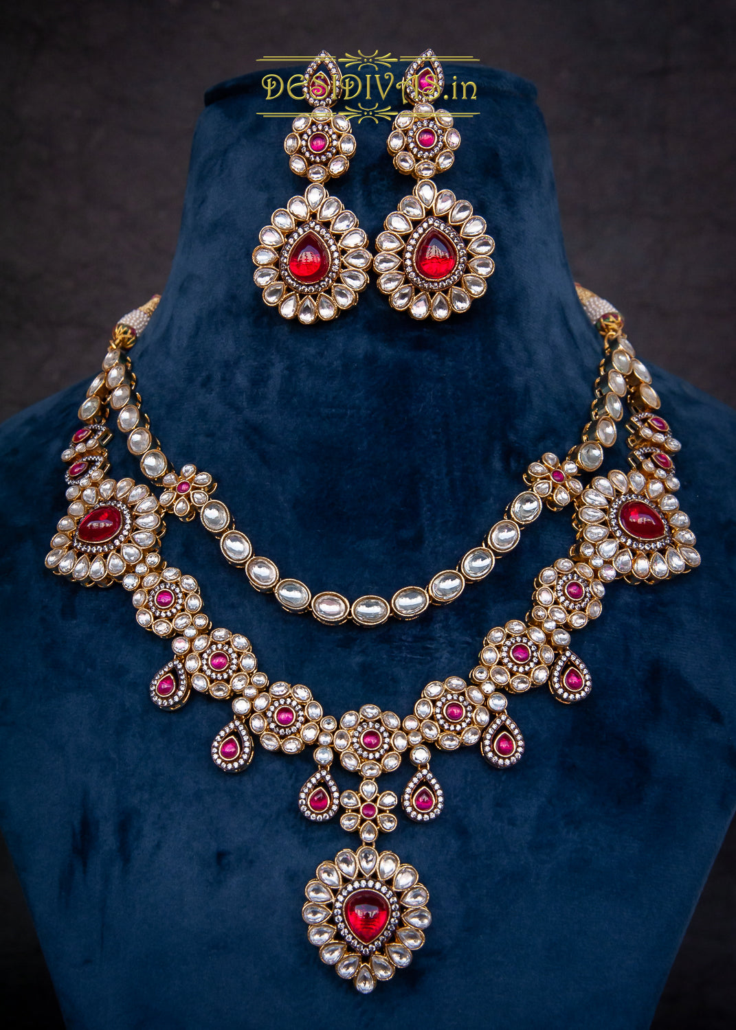 ''CHAKORI'' Kundan Polki Long Two Line Necklace Set