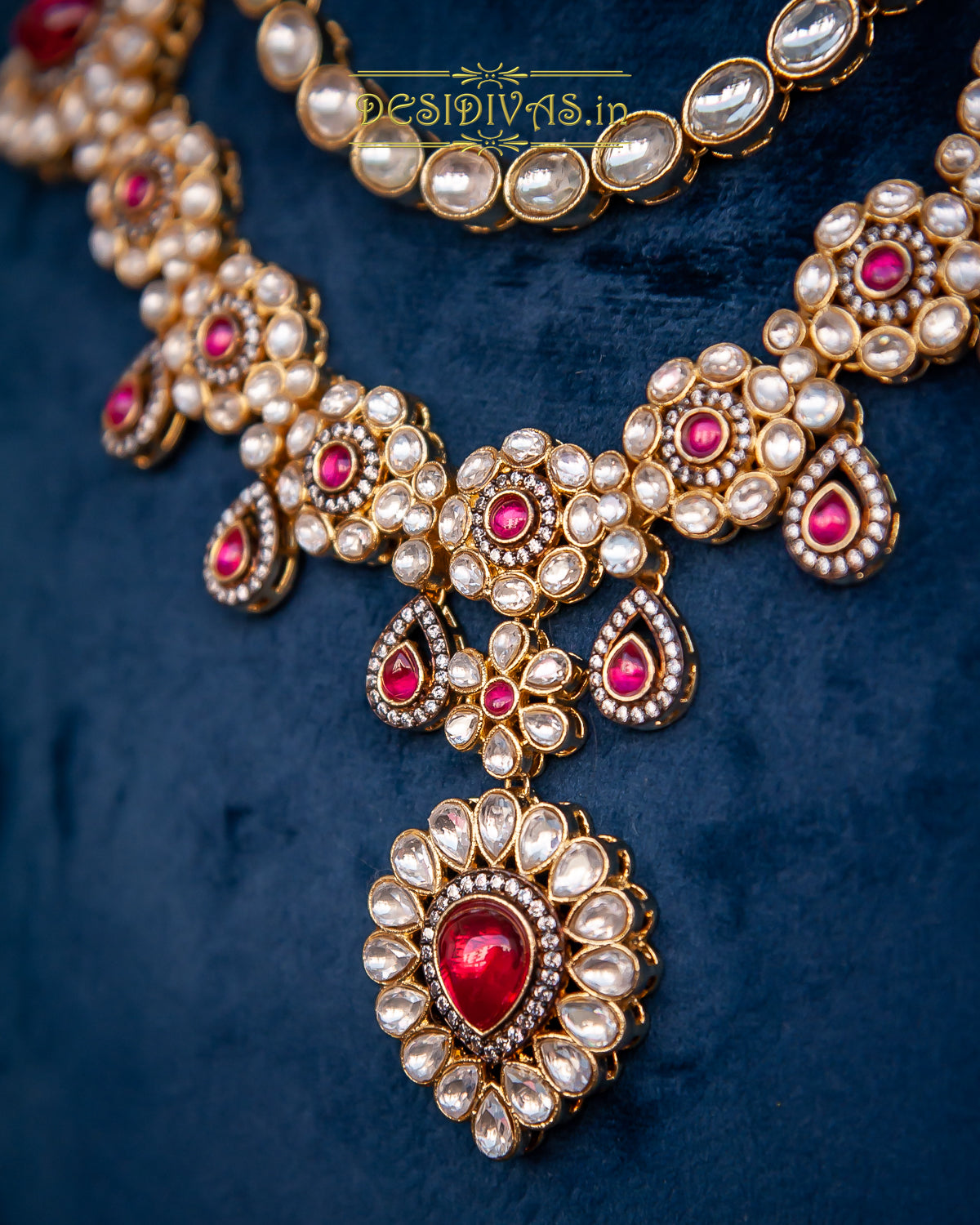 ''CHAKORI'' Kundan Polki Long Two Line Necklace Set