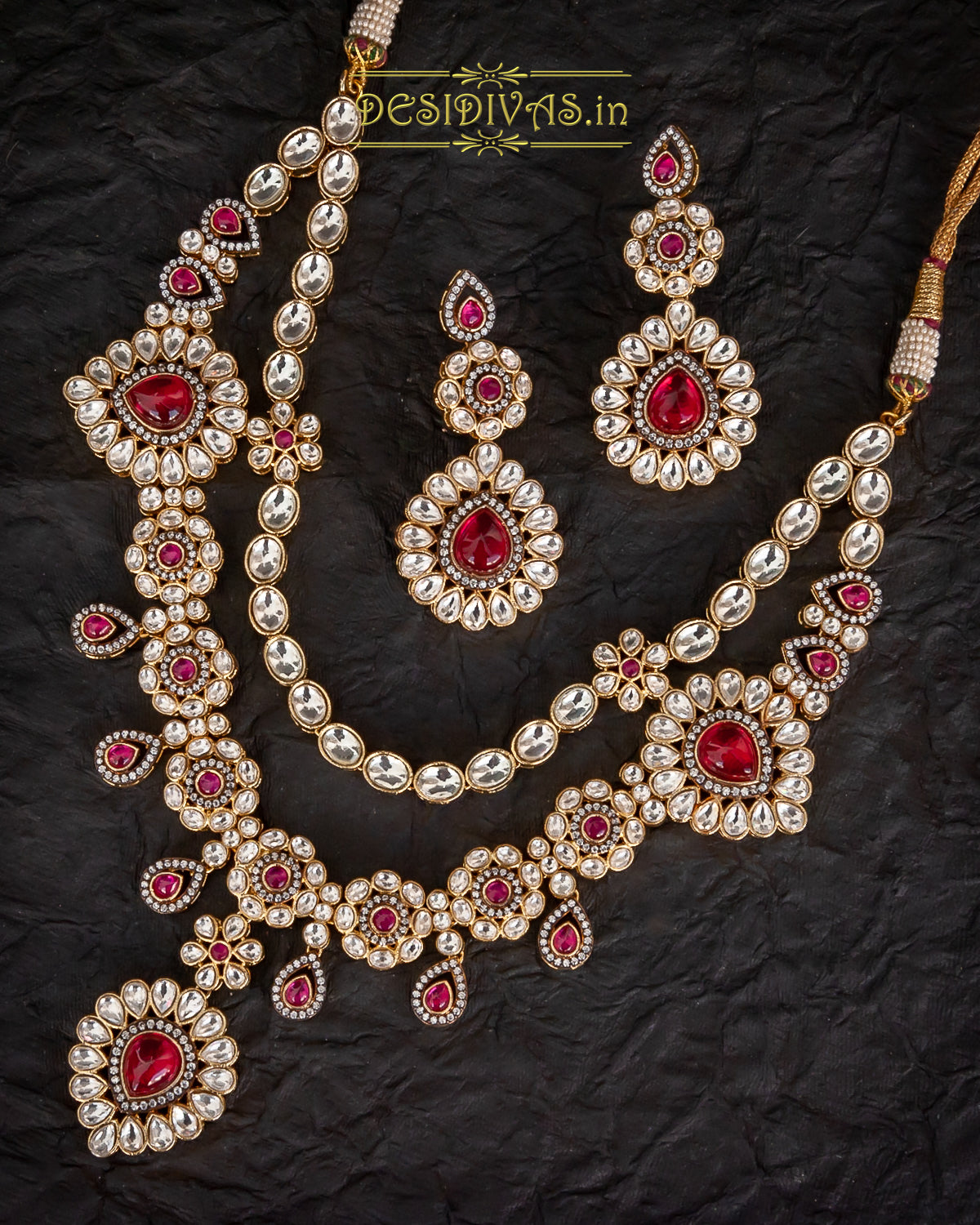 ''CHAKORI'' Kundan Polki Long Two Line Necklace Set