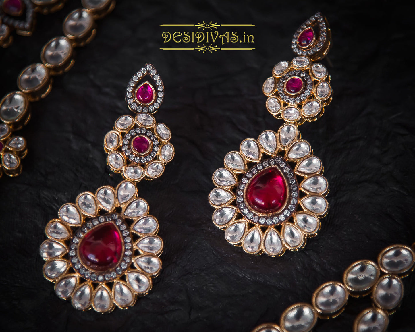 ''CHAKORI'' Kundan Polki Long Two Line Necklace Set